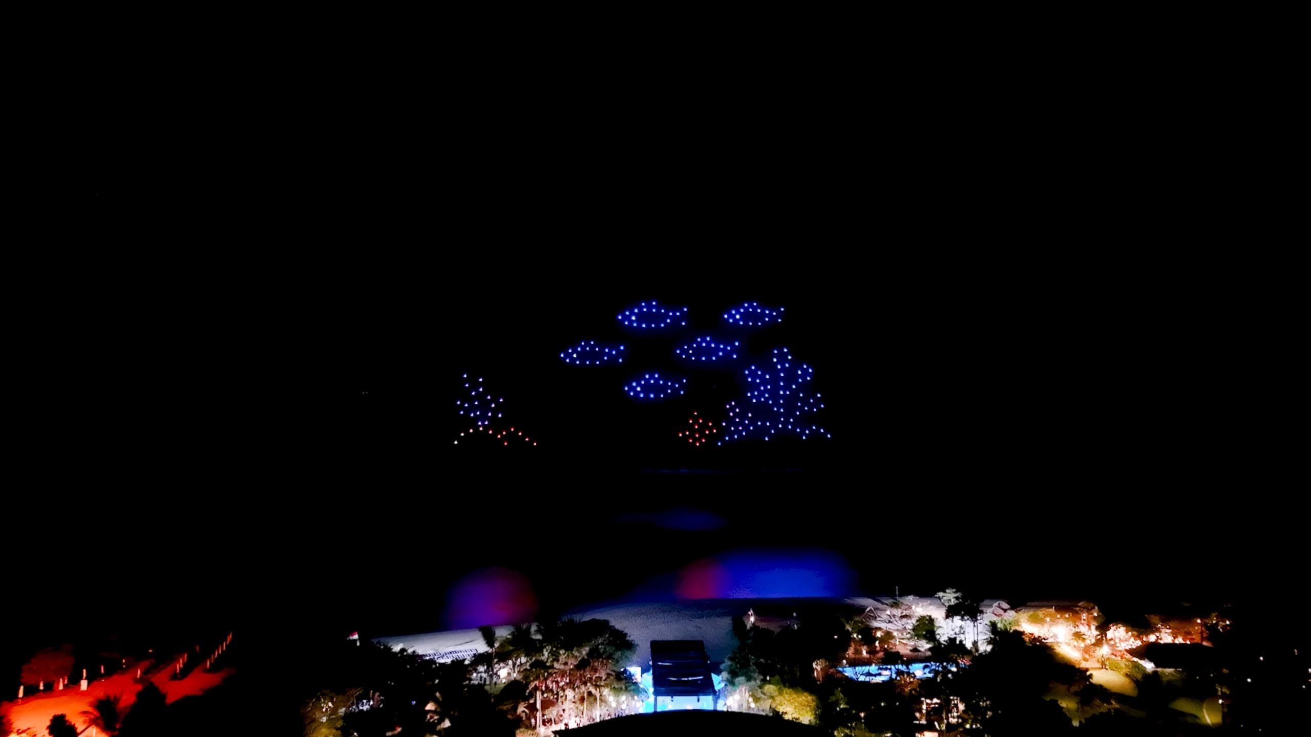 Two wedding rings formation above Hotel Sofitel in Nusa Dua during the Wedding of J & E